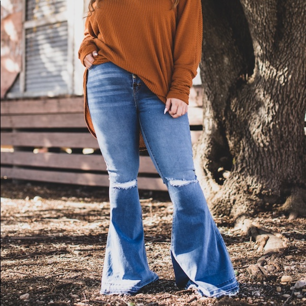 CLEARANCE! L&B mid wash high waist front button flare jeans includes plus sizes.